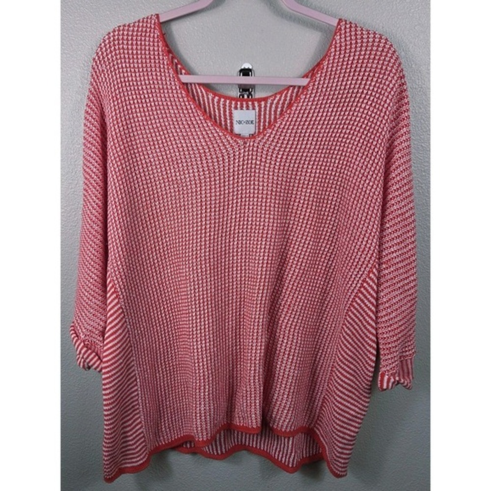 NIC+ZOE Linen Blend Knit Top XL Red‎ White Lightweight Textured Sweater
